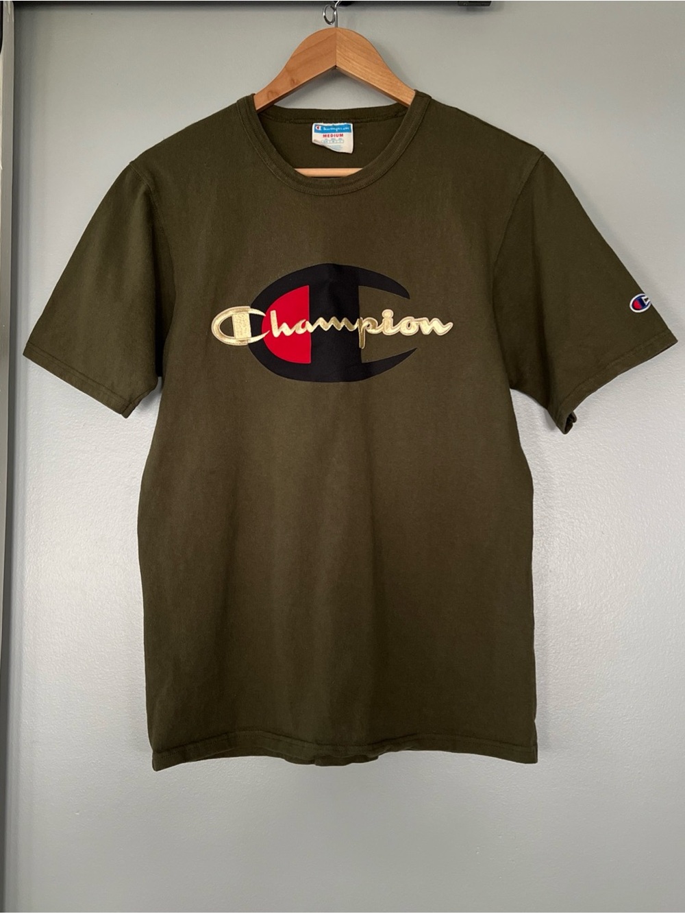 Rare Vintage Champion Big C Heritage Embroidered Army Green T-Shirt Size Medium